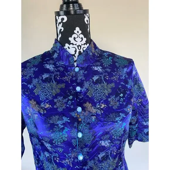 Womens Chinese Style Blouse Cheongsam Short Sleeve Qipao Top Silky Button Down M - Picture 1 of 4